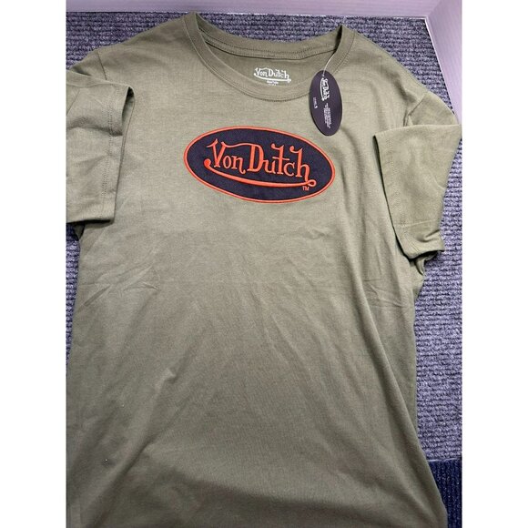 Von Dutch Olive Green T-Shirt M Logo Embroidery Front Print Back Casual Wear Dur - Picture 1 of 5